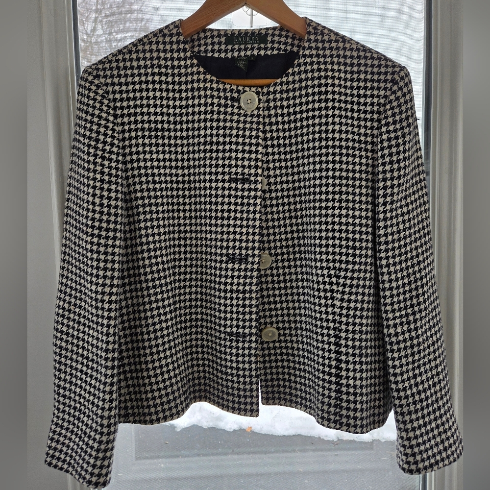 Lauren Ralph Lauren Linen Silk Navy White Houndstooth Womens Suit Jacket 16